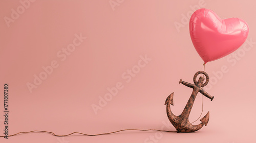 A heart-shaped balloon tied to an old anchor, against a pink background. Concept of love and emotional burden