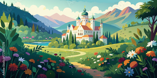 Spring view of an alpine village with a church and green trees nestled in the mountains