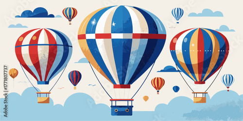 Flying hot air balloon basket illustration in a colorful summer sky