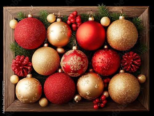 a Christmas red and gold frame
