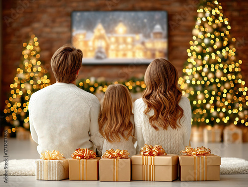 a family watching Christmas tv