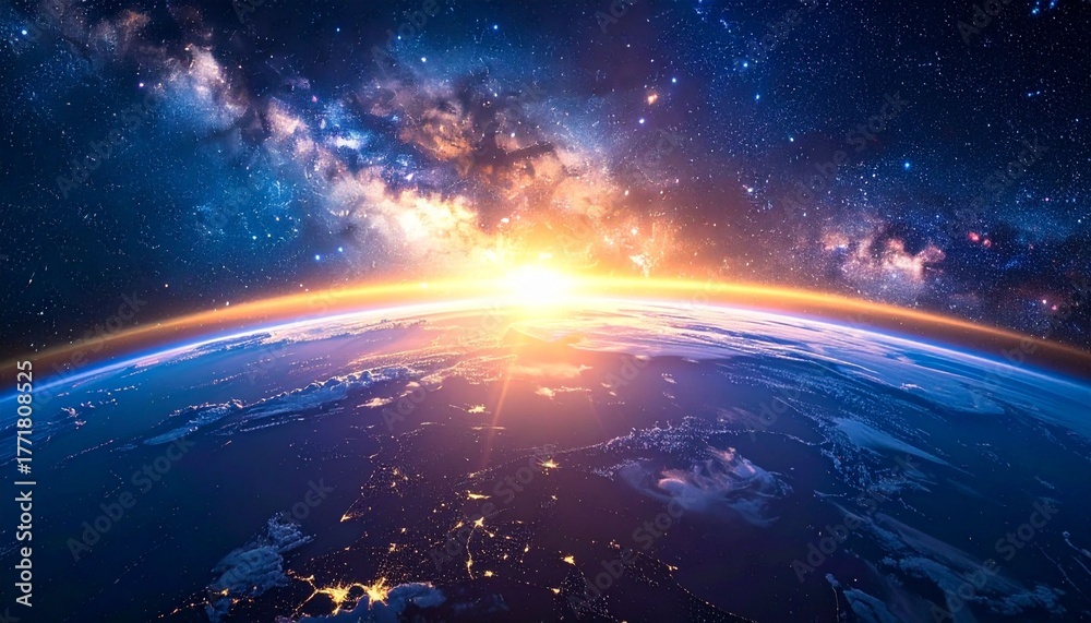 Fototapeta premium Landscape with Milky way galaxy. Sunrise and Earth view from space with Milky way galaxy.