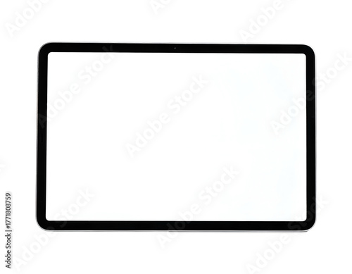 A black tablet device with a blank white screen is displayed in landscape orientation, isolated on a clean, light gray background.