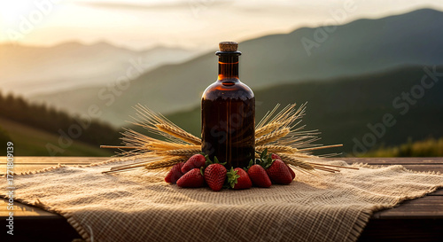 Rustic Outdoor Scene with Brown Glass Bottle, Fresh Strawberries, and Wheat Stalks on Burlap Cloth Framed by Sunset Hills
