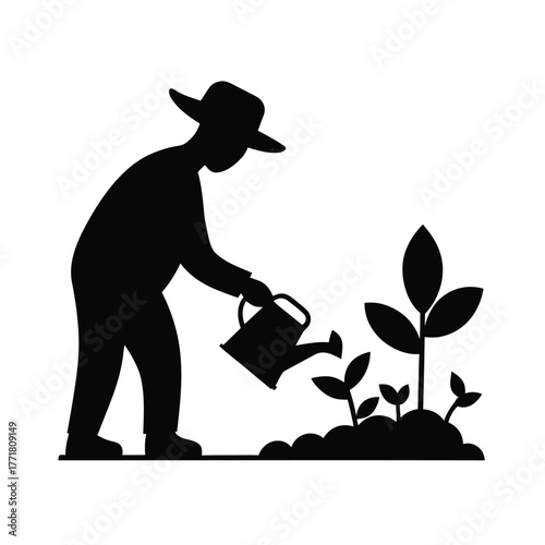 Minimal gardener watering plants silhouette vector clean design for nature care gardening and eco lifestyle concept