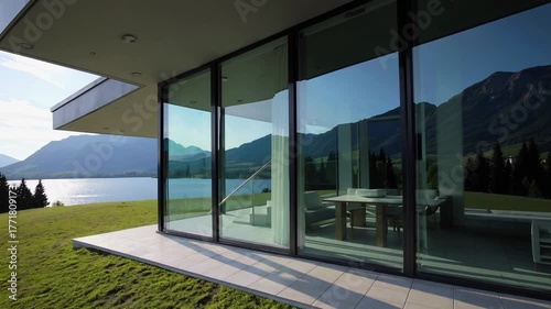 Modern glass front home with serene lake view, mountain backdrop, minimalist architecture, natural light, spacious outdoor patio, peaceful atmosphere