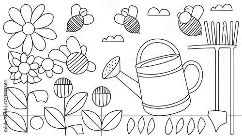A printable coloring page with a summer garden theme.