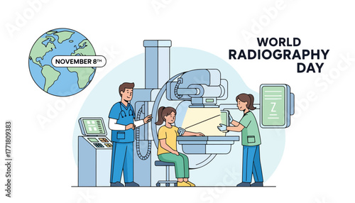 World radiography day celebration with medical professionals and x ray equipment