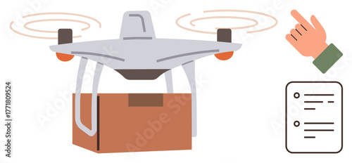 Flying quadcopter carrying package, hand gesture control, and checklist icon. Ideal for technology, logistics, innovation, delivery systems, futuristic design remote control digital automation. A