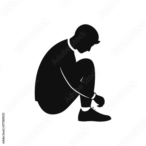 Minimal man sitting and tying shoelace silhouette vector clean design for morning preparation and fashion detail art