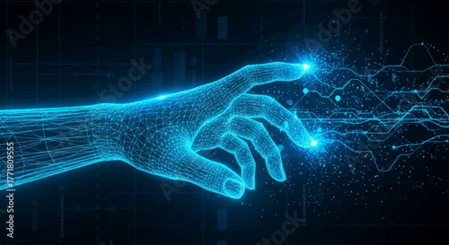 Futuristic digital hand interacts with glowing data streams, visualizing AI and network connectivity in a dark, high-tech environment.