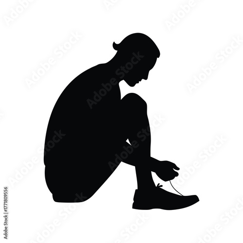 Minimal man sitting and tying shoelace silhouette vector clean design for casual lifestyle and daily routine concept
