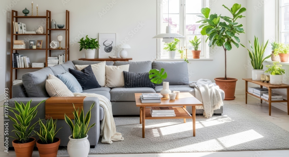 Fototapeta premium Inviting Modern Living Room Design With Abundant Natural Light And Lush Greenery Creating A Serene Atmosphere