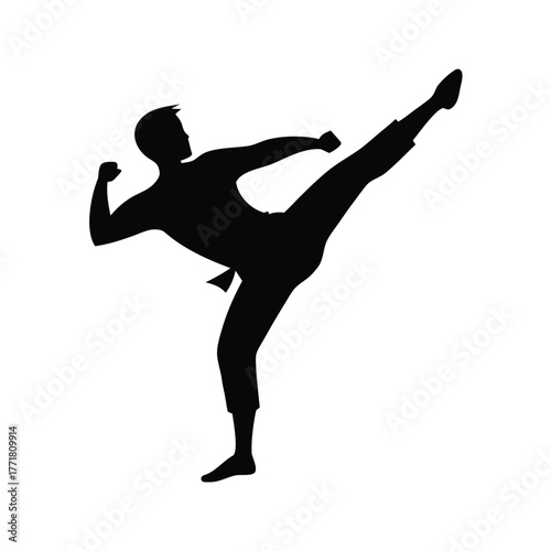 Minimal person doing karate kick silhouette vector with white background for martial arts and action theme
