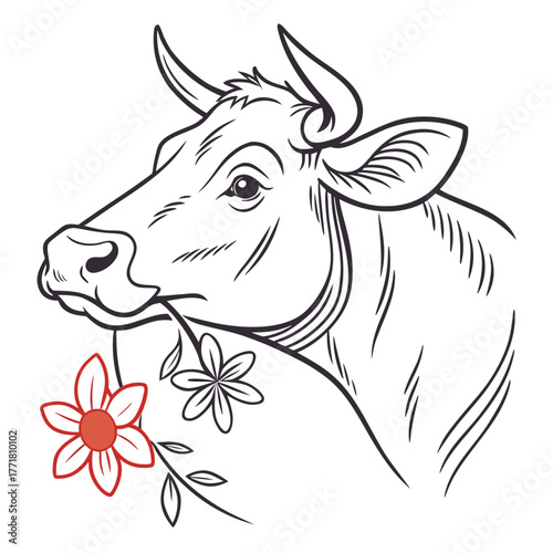 Cow Head with Flower Vector Illustration  