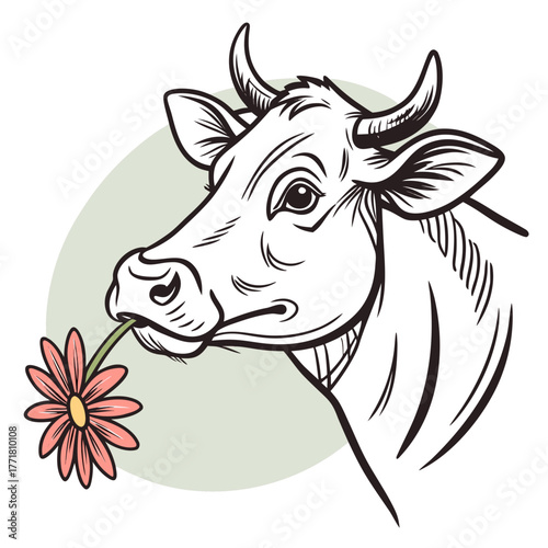 Cow Head with Flower Vector Illustration  