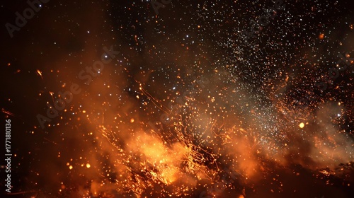 Fire sparks in the night sky. Hot embers and ashes float in the wind from a big fire.