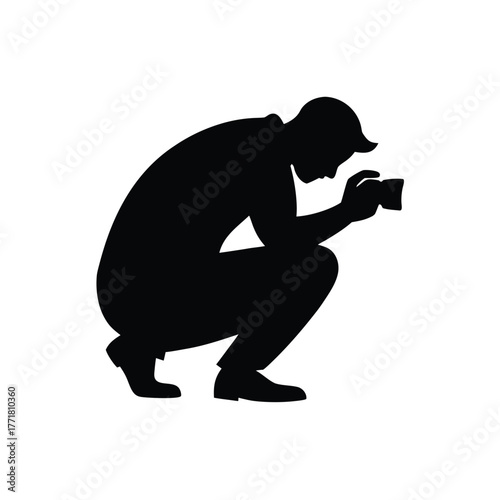 Minimal photographer crouching silhouette vector with white background for camera and photography concept