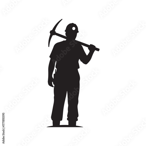 Black Silhouette of Miner with Pickaxe and Helmet on White