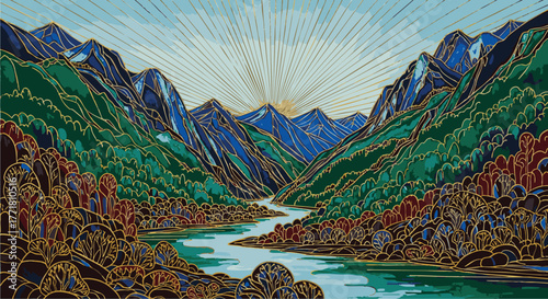 A Majestic Mountain Valley With a Winding River Under a Radiant Sunrise, Illustrating Natural Beauty and Serenity