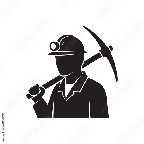 Flat Black Silhouette Illustration of a Miner with Pickaxe and Hard Hat