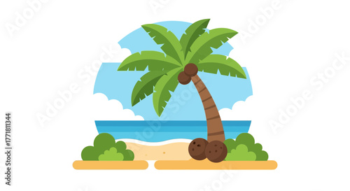 Whimsical Tropical Beach Scene with Palm Tree and Sandy Shore Illustration