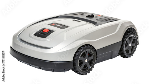 Digital new stylish compact robotic lawn mower cut out on PNG isolated on white. AI GENERATED.