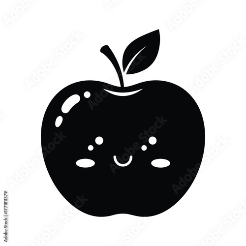 Cute round apple silhouette with smiling eyes, blushing cheeks, and tiny leaf in adorable black vector design on white background for simplicity