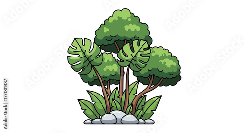 Cartoon Lush Tropical Vegetation Featuring Trees and Broad Leaves
