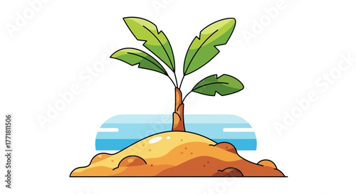Isolated Tropical Island Vector Illustration with Palm Tree and Sandy Beach