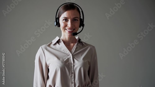 Friendly customer service representative with headset, smiling, professional attire, confident communication support in office and neutral background