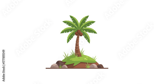 Isolated tropical palm tree on island with coconuts and green grass