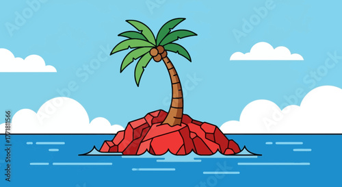 Palm tree on a rocky island surrounded by ocean in cartoon illustration