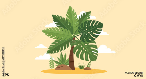Tropical island landscape with palm trees and lush vegetation vector art