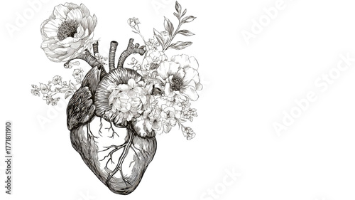 Anatomical heart with floral arrangement illustrated in detailed line art showing elegant botanical fusion on white background
