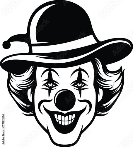 Black and White Evil Clown Face Vector Illustration with Hat, Scary Halloween Character, Joker Smile, and Transparent Background.
