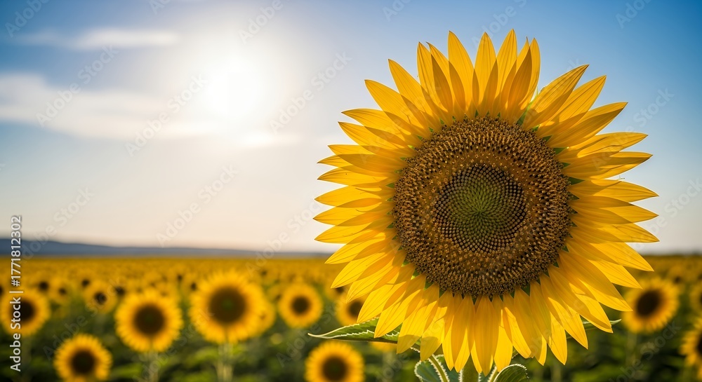 Fototapeta premium Vibrant Sunflower Bloom Against Clear Blue Sky in Summer Field