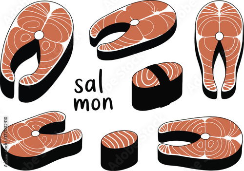 Salmon steak and sushi illustration for seafood restaurant use