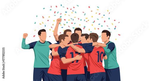 A group of faceless soccer players in red jerseys celebrate a victory with confetti falling around them.
