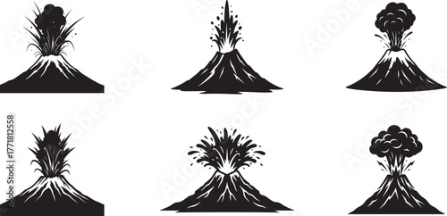 Black and White Vector Illustrations of Exploding Mountains and Lava Eruptions | Erupting Volcano Icons Collection