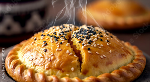 Uzbekistan Pumpkin Samosa (Qovoqli Somsa). with sesame seeds from clay oven, flaky crust and steam 