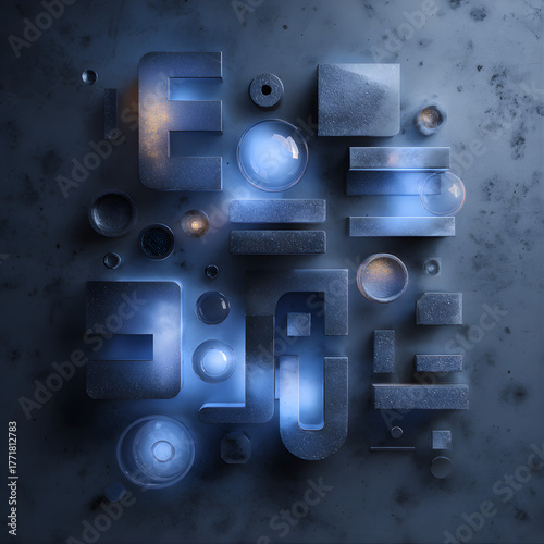 Futuristic Abstract Geometric Shapes with Blue Neon Light