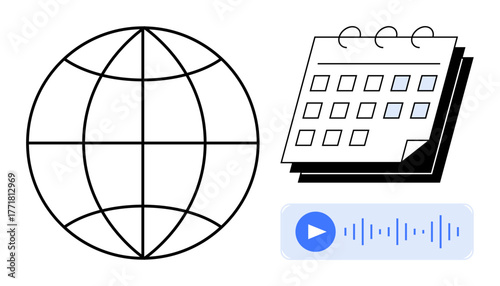 Globe, calendar, audio waveform visual highlighting worldwide connectivity, planning, and media creation. Ideal for global networking, scheduling, media production, education automation remote