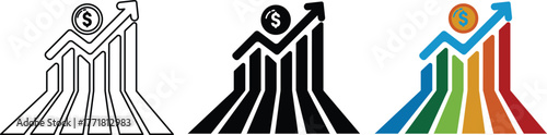 A set of three financial growth symbol showing a rising bar chart an upward arrow and a dollar coin representing economic success and increased profit