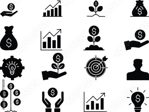 A collection of black finance and investment symbol showing concepts like growth money bags charts and profitable ideas