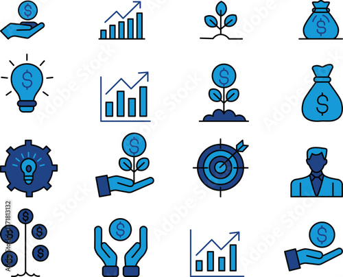 A collection of blue and black symbol representing finance business growth investment and financial success