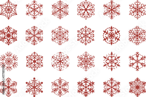 Christmas Collection of twentyfour intricate red snowflakes, each unique, displayed against a clean for easy use