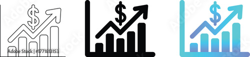 Financial growth symbol showing a bar chart with an upward arrow and a dollar sign in outline, silhouette,  and blue gradient styles