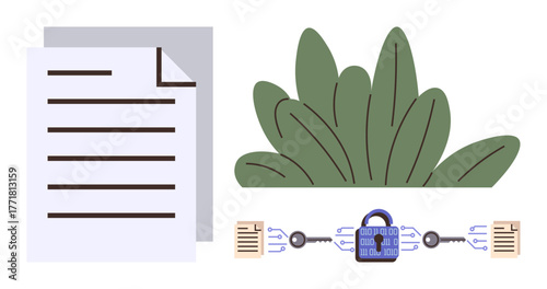 Document beside leaves, encrypted network showing lock with keys. Ideal for data protection, security, encryption, privacy, technology, cybersecurity online safety. Minimal flat metaphor
