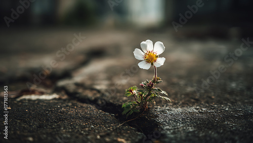 A Lone White Flower's Resilient Bloom Through a Dark Pavement Crack